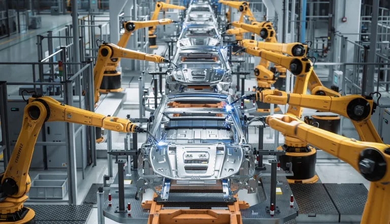 Disaster Recovery im Fokus: Ausfälle sind nicht vermeidbar – das Chaos danach schon // Automated robot arm assembly line manufacturing high-tech cars in factory