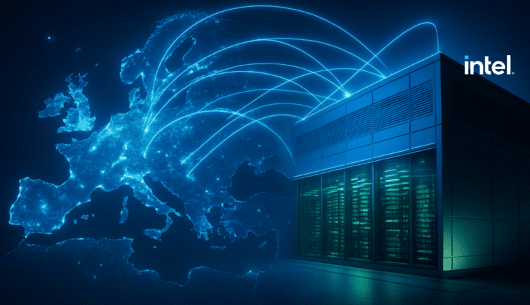 Digitale Souveränität: Wer hat morgen noch die Kontrolle // Ein modernes Rechenzentrum bei Nacht, rechts im Bild, mit beleuchteten Servern hinter Glas. Links eine Karte Europas, in dunklem Blau gehalten, mit leuchtenden Punkten und Linien, die von verschiedenen Orten auf dem Kontinent zum Rechenzentrum führen – symbolisch für digitale Vernetzung.