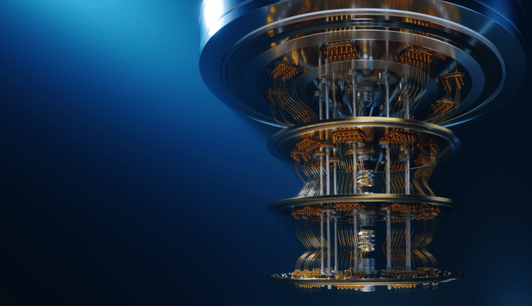 Quantencomputing_3. Innovationsforum Verliner Verwaltung Innenraum Header // Quantencomputer-Innenansicht mit goldfarbenen Leitungen und supraleitenden Kühlungselementen vor blauem Hintergrund – moderne Technologie für Hightech-Rechenleistung und Quanteninformatik.