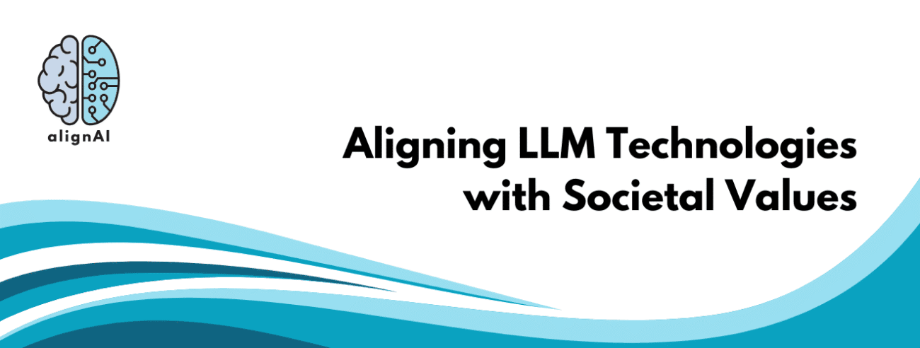 Banner des Projektes alignAI auf weißem Grund. Links die Zeichnung zweier Gehirnhälften, rechts der Text "Aligning LLM Technologies with Societal Values". Am unteren Rand befinden sich eine blaue, wellenförmige Form
