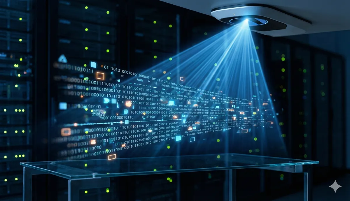 Visualisierung von Datenanalyse und Wiederherstellung: Digitaler Datenstrom wird in einem Rechenzentrum projiziert – Symbol für Backup, Recovery, Datensicherheit und Cyber-Resilienz.