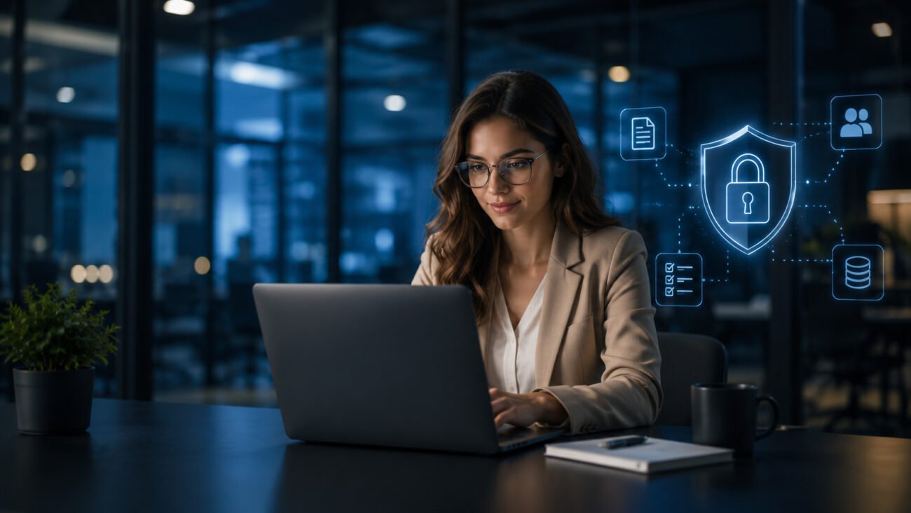 Frau arbeitet am Laptop in Bürogebäude