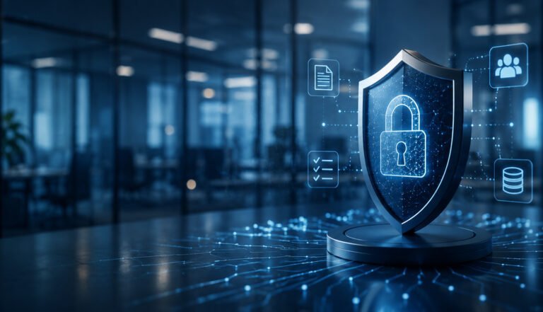 Digitales Sicherheitsschild in modernem Büro als Symbol für AI Security und sicheren KI-Einsatz.