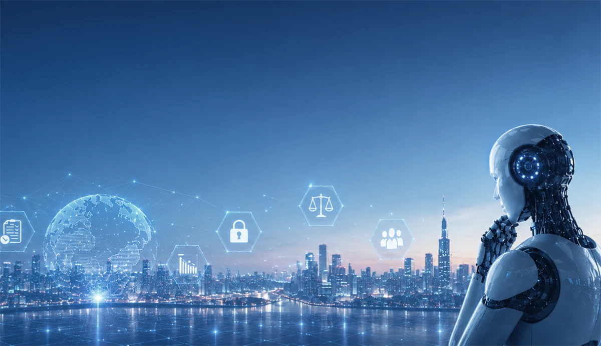 Von der KI-Idee zum echten Mehrwert: Warum IT Service Management der ideale Einstieg in die KI-Transformation ist // Symbolbild für künstliche Intelligenz im IT Service Management: Ein humanoider Roboter betrachtet eine digitale Unternehmenslandschaft mit Symbolen für Governance, Compliance, Sicherheit und Datenanalyse