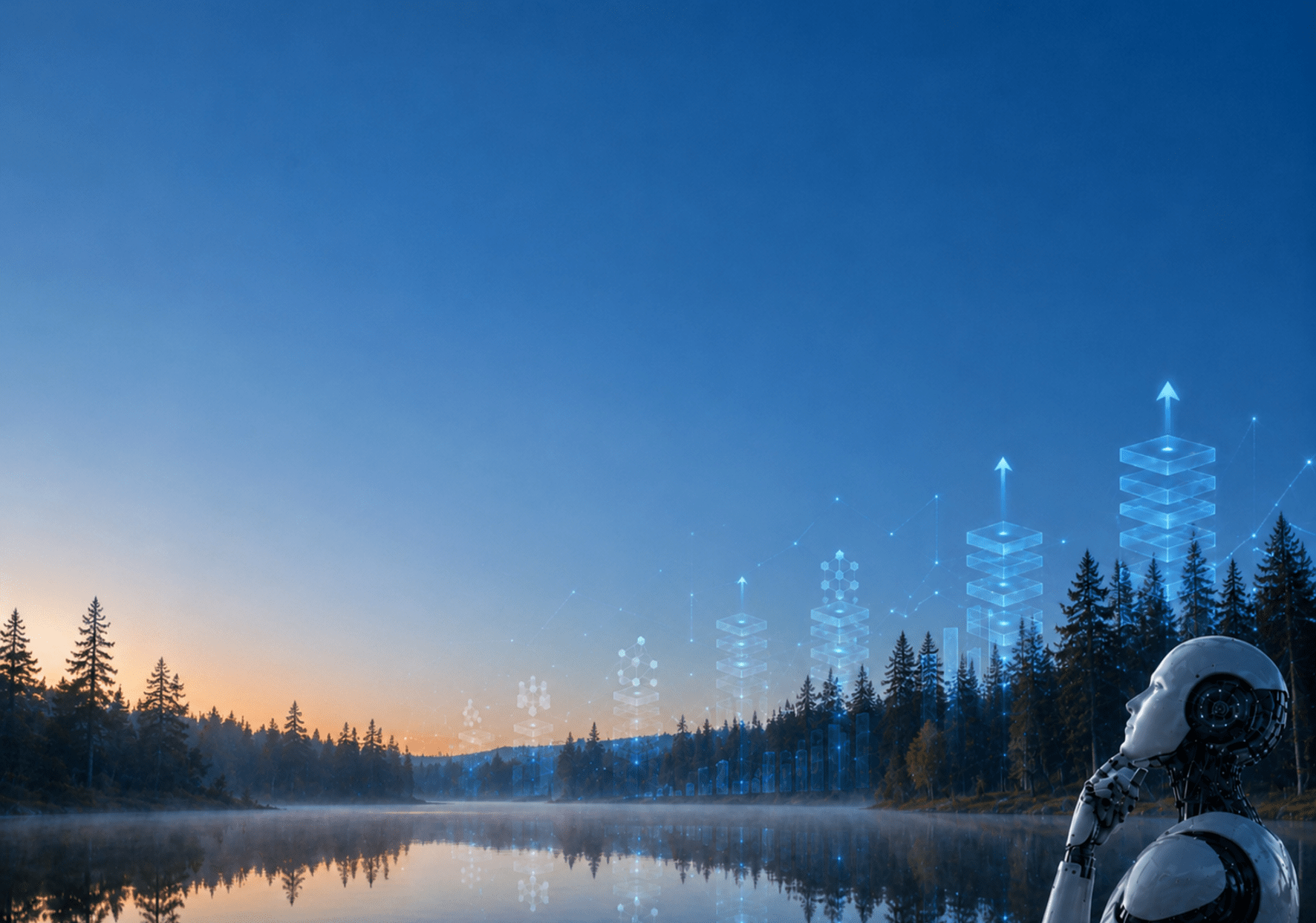 Humanoider Roboter schaut in den Himmel an einem See.